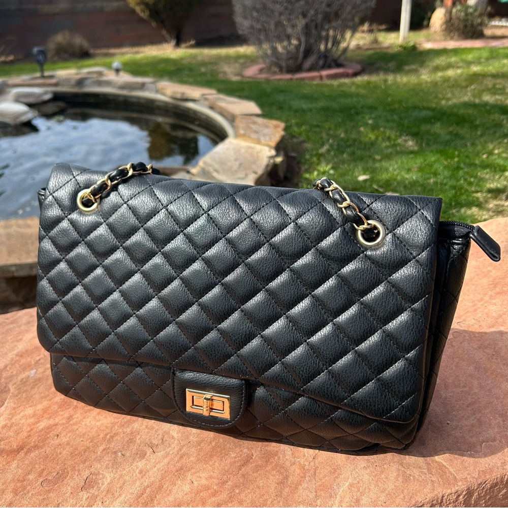 Black Quilted Vegan Leather Shoulder Handbag NWT